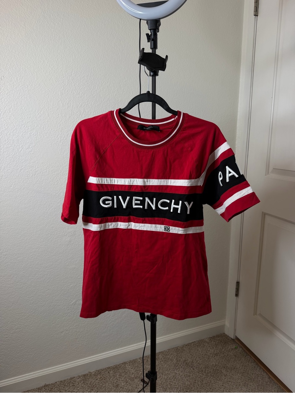 Givenchy Red Tee with White Stripe Accents
